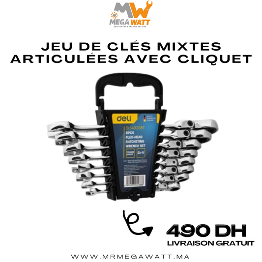 Jeu de clés mixtes articulées avec cliquet DELI 8 pièces